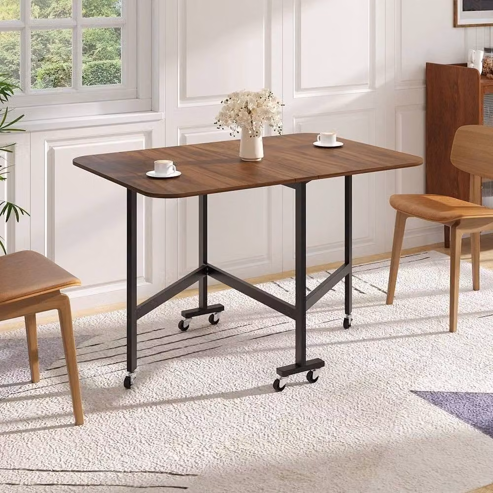 KORVIXA Brown Wood Mobile Drop-Leaf Folding Dining Table with Castors, W/D/H: 100 x 100 x 100 cm – 5