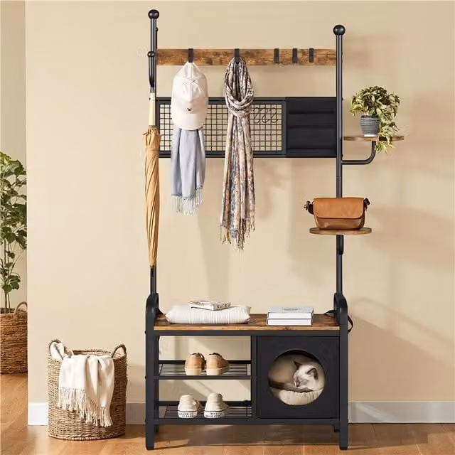 Yaheetech Industrial Hall Tree with Bench, Shoe Racks and Hooks in Brown and Black