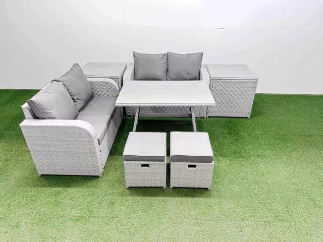 Fimous 6 Seater Rattan Garden Furniture Set with Metal and Glass in Light Grey