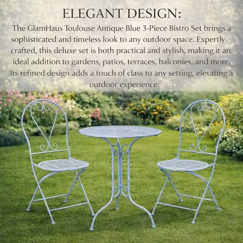 GlamHaus Toulouse 3 Piece Folding Metal Garden Bistro Set in Blue – 3