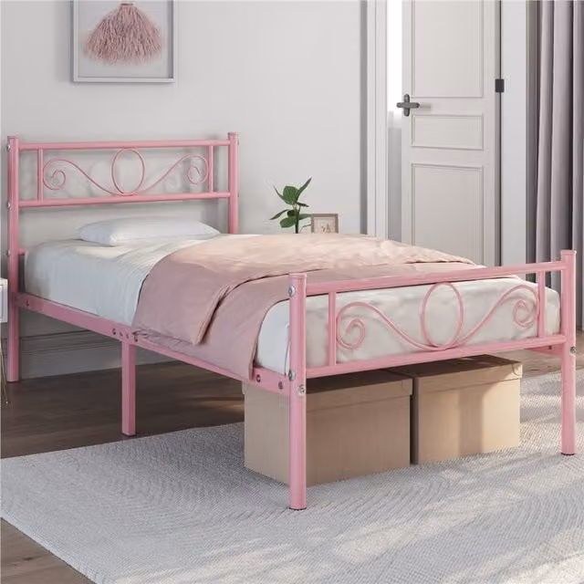 Yaheetech Metal Bed Frame in Pink, W/D/H: 90 x 190 cm