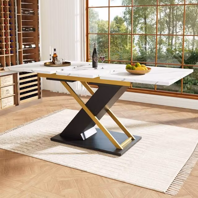 Rolipo Black Marble Effect Extendable Rectangular Dining Table with Gold Metal Legs, W: 120-160 cm, D: 60 cm, H: 75.4 cm