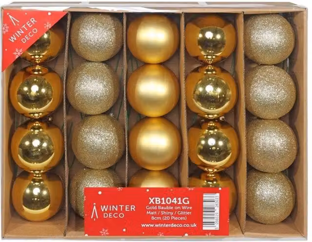 KDMD Gold Christmas Baubles on Wire, Matt Shiny Glitter, 20 Pack