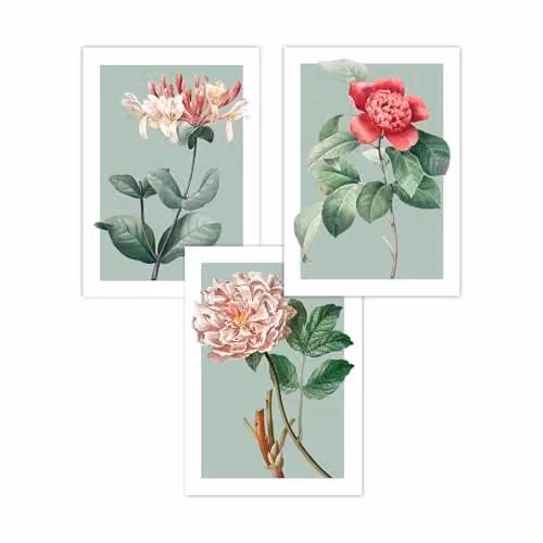ARTZE Set of 3 Vintage Floral Botanical Paper Posters in Green, W: 42 cm, H: 59.4 cm – 2