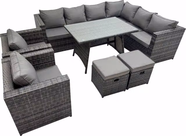 Fimous Dark Grey Rattan Patio Furniture Set with Glass Dining Table, 2 Chairs and 2 Stools
