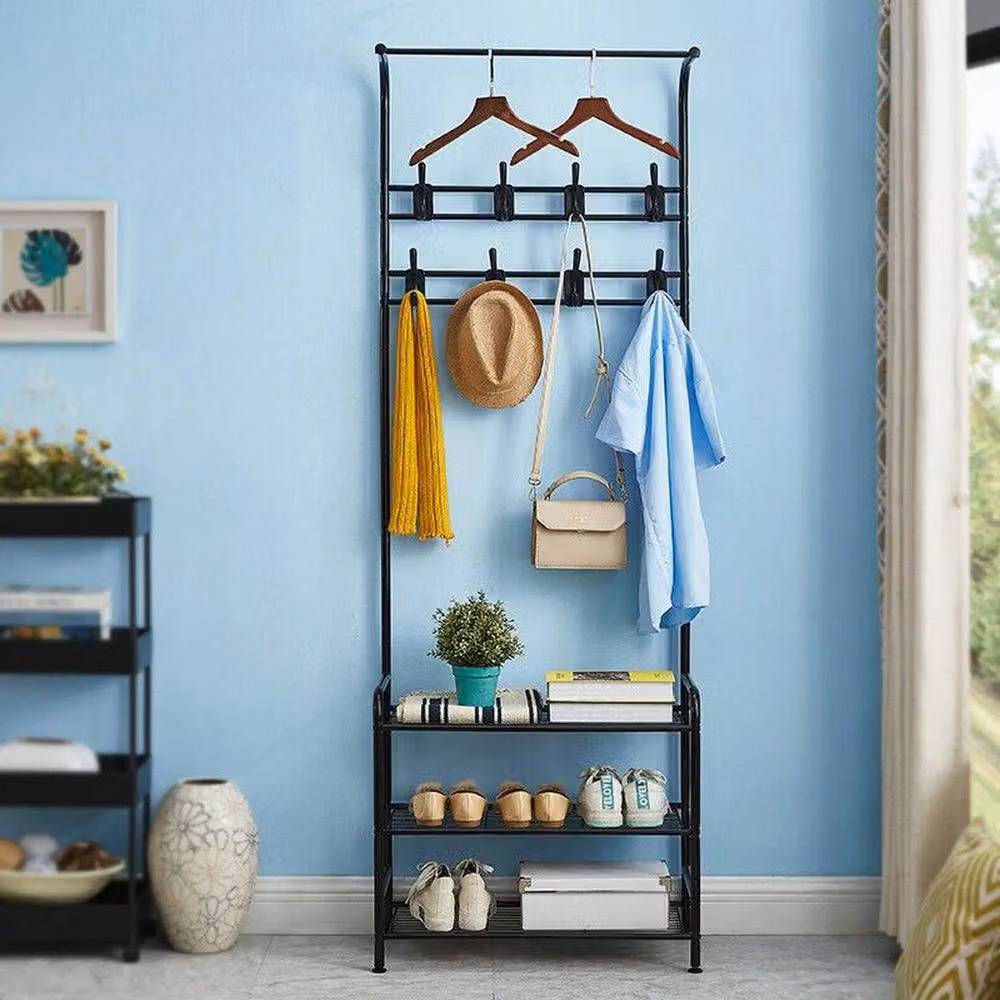 FORGEVIO Metal Hall Tree Coat Rack Stand and Shoe Storage Bench in Matt Black – 2