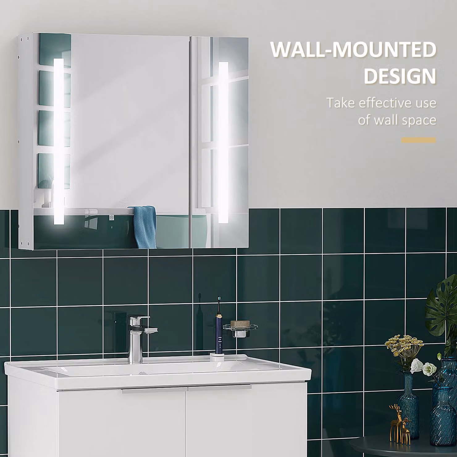 Kleankin LED Illuminated Bathroom Mirror Cabinet with Sensor Switch in White – 2