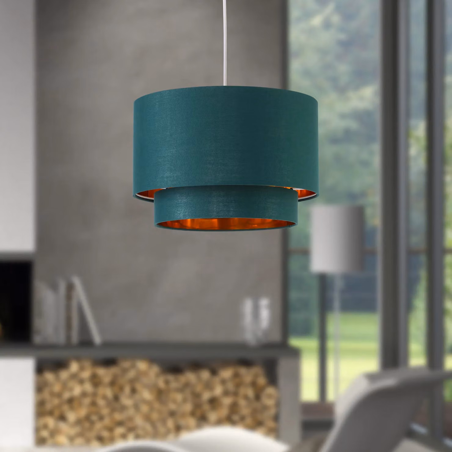 First Choice Lighting Kozy Set of 2 Cylinder Pendant Shades in Green and Gold, Diameter: 30 cm – 4