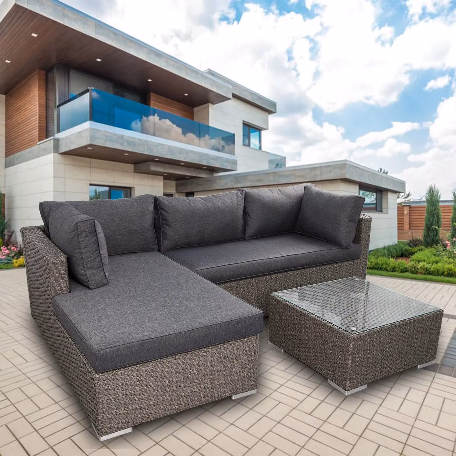 FURNITURE ONE 3 Piece Rattan Garden Corner Sofa Set with 10cm Cushions in Dark Grey – 7