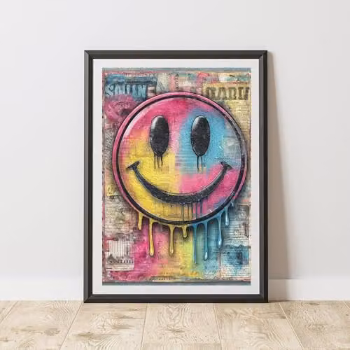 60 SECOND MAKEOVER Smiley Face Graffiti Print Urban Street Art Poster, Multicolour, A3