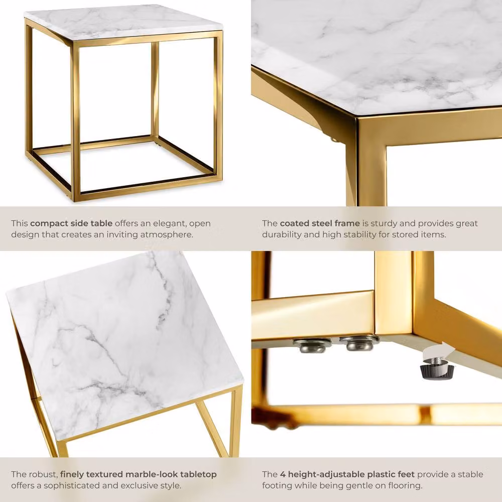 tectake Alysia Modern Square Side Table with Abstract Marble Stone Top in Black, White and Multicolour – 2
