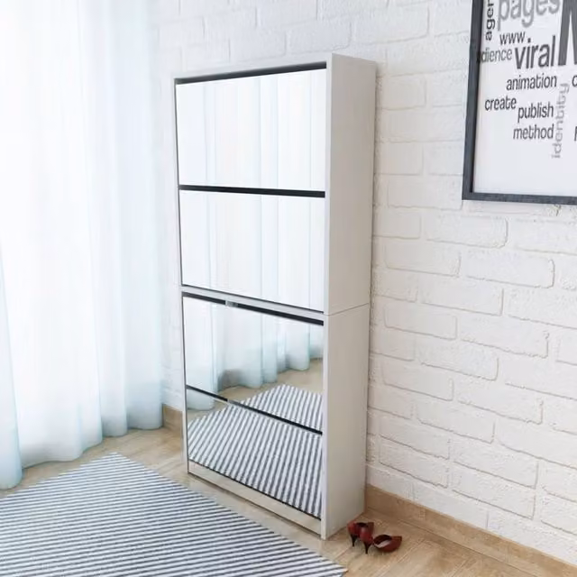Berkfield Home Modern Glossy White 4-Layer Shoe Cabinet with Mirror and Tilting Compartments, W/D/H: 63 x 17 x 134 cm