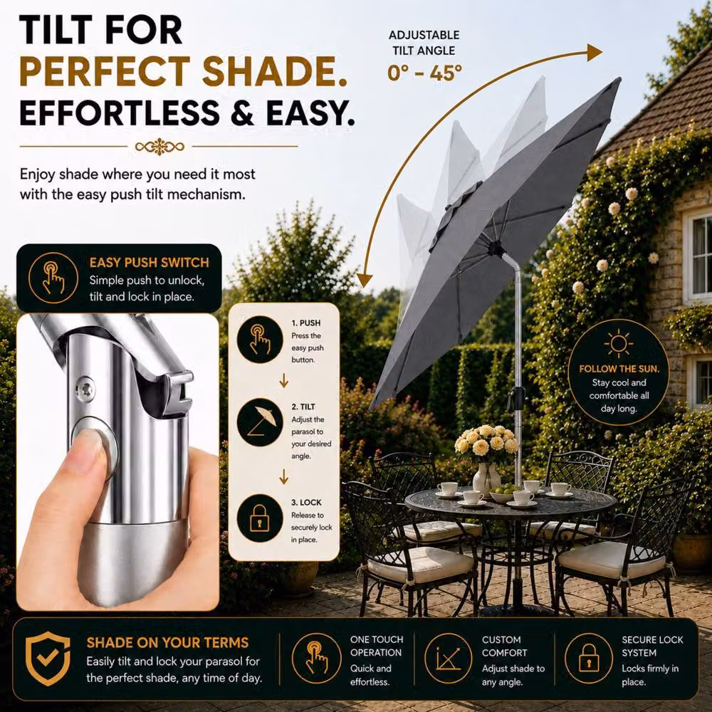 Glamhaus Dark Grey Aluminium Garden Parasol with Tilting Crank Mechanism, Diameter: 270 cm – 5