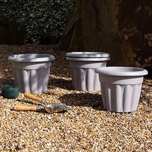 Wham Vista Round Plastic Garden Planters, Grey, 4 x Diameter: 33 cm, Height: 25 cm