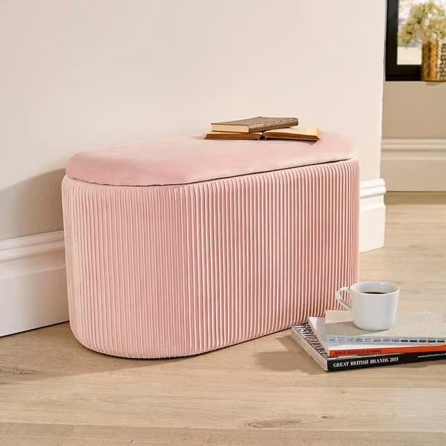 Home Source Pink Velvet Ottoman Storage Box Pouffe Seat and Footstool