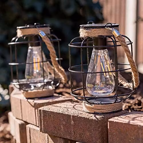 MiniSun Set of 2 Solar Powered Hanging Hemp Rope Cage Lanterns in Brown with Warm White LED Light – 2