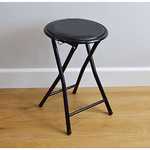 Harbour Housewares Black Padded Folding Stools, Pack of 2, Metal Frame with Synthetic Leather Seat – 2