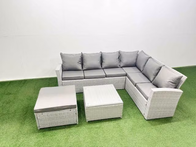Fimous Garden 7 Seater L-Shape Rattan Garden Furniture Set in Light Grey with Upholstered Cushions and Ottoman
