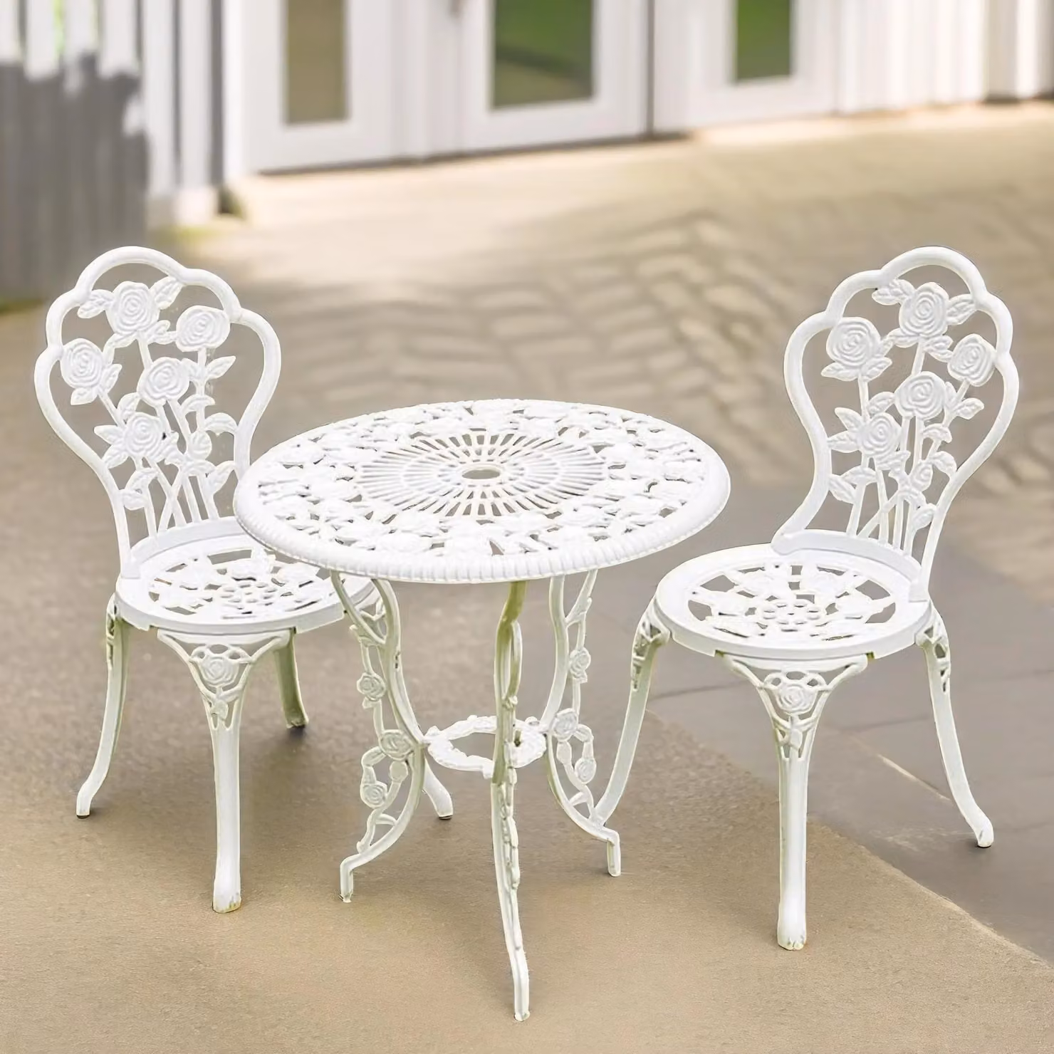 FURNOS Set of 3 Rose Cast Iron Bistro Table and Chairs in White with Floral Design – 5
