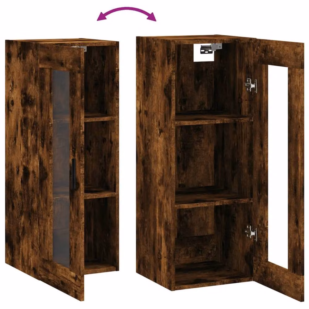 Berkfield Home Wall Mounted Smoked Oak Cabinet with Glass Doors in Brown, W/D/H: 34.5 x 34 x 90 cm – 4