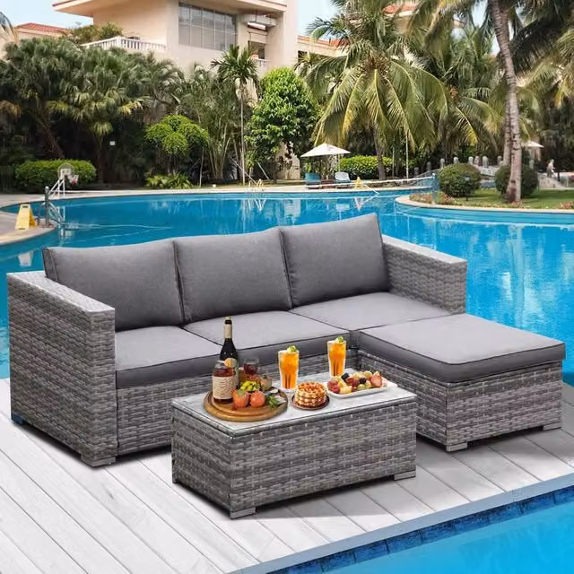 Lishetimig 3-Piece Grey Polyrattan Garden Corner Sofa Set with Upholstered Cushions and Glass Coffee Table