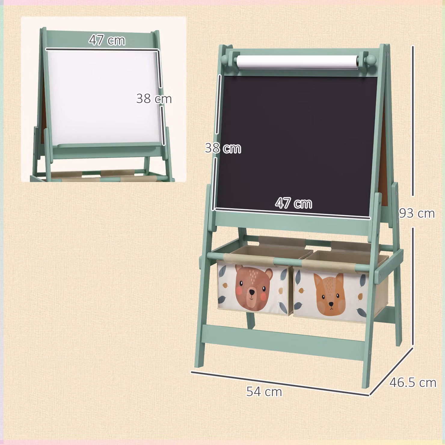 AIYAPLAY 3-in-1 Kids Easel with Paper Roll, Magnetic Whiteboard and Chalkboard with Storage Tray, Green – 3