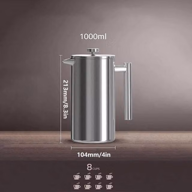 FLAVORA Stainless Steel and Glass French Press Coffee Maker, 1000ml, Metallic Silver – 1