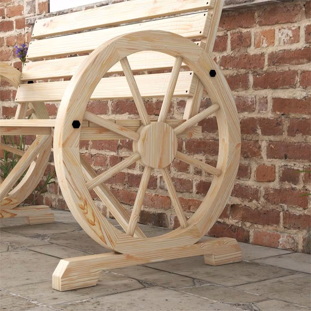 Nordara Yellow 2 Seater Wooden Garden Bench with Armrests and Wagon Wheel Design in Natural Cedar, W/D/H: 100 x 80 x 80 cm – 2