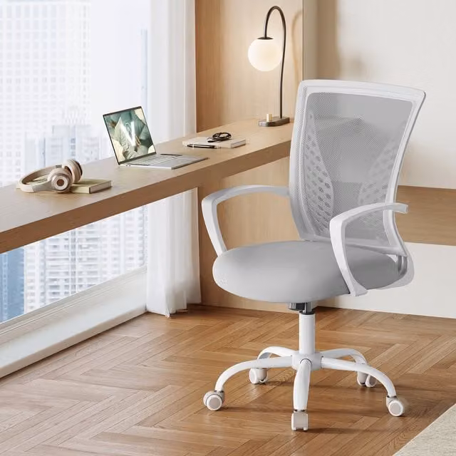 SONGMICS Ergonomic White Mesh Office Chair with Armrests and Height Adjustment
