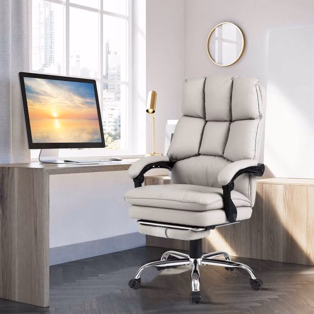 Costway Ergonomic Office Desk Chair with Footrest and Headrest in White Synthetic Leather – 5