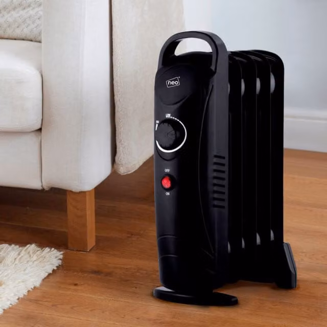 Neo 650W Black Oil Filled Electric Radiator with Thermostat and Overheat Protection