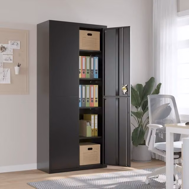 Berkfield Home Black Metal File Cabinet with Hinged Doors and Adjustable Shelves, W/D/H: 90 x 40 x 200 cm