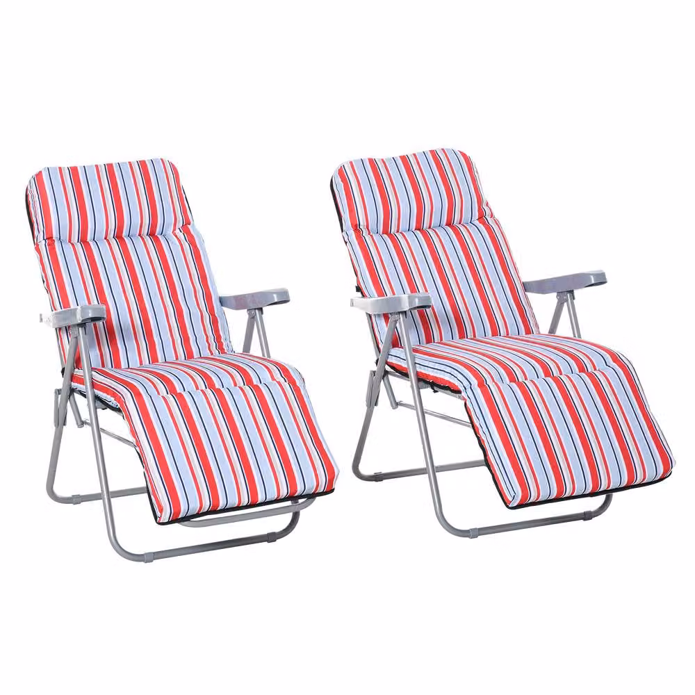 OUTSUNNY Set of 2 Adjustable Sun Lounger Recliners with Red Weatherproof Cushions – 2