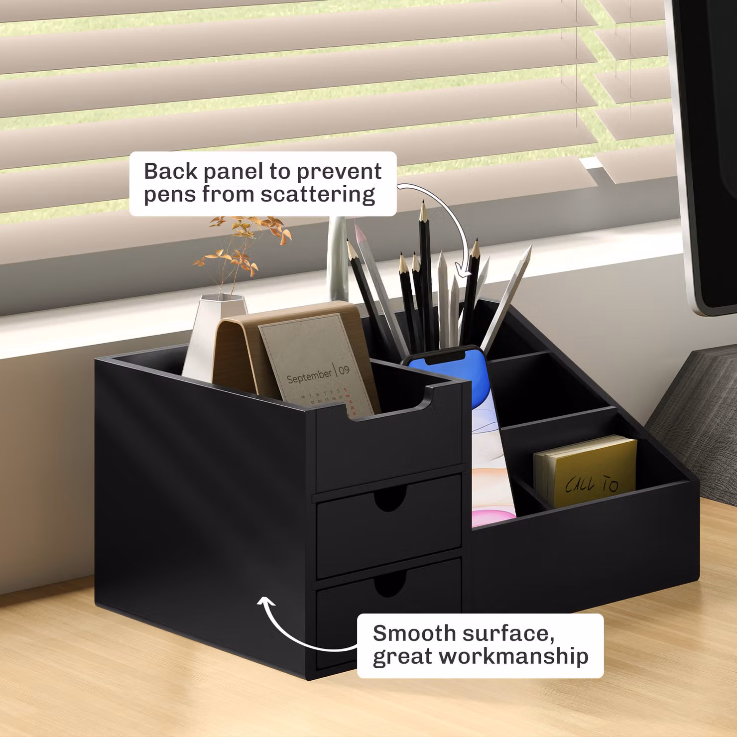 HOMCOM Black Bamboo Desk Organiser with 7 Compartments and 2 Drawers – 6