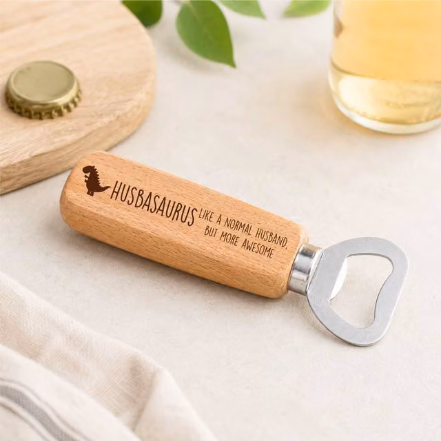 60 Second Makeover Husband Dinosaur Wooden Bottle Opener in Beige