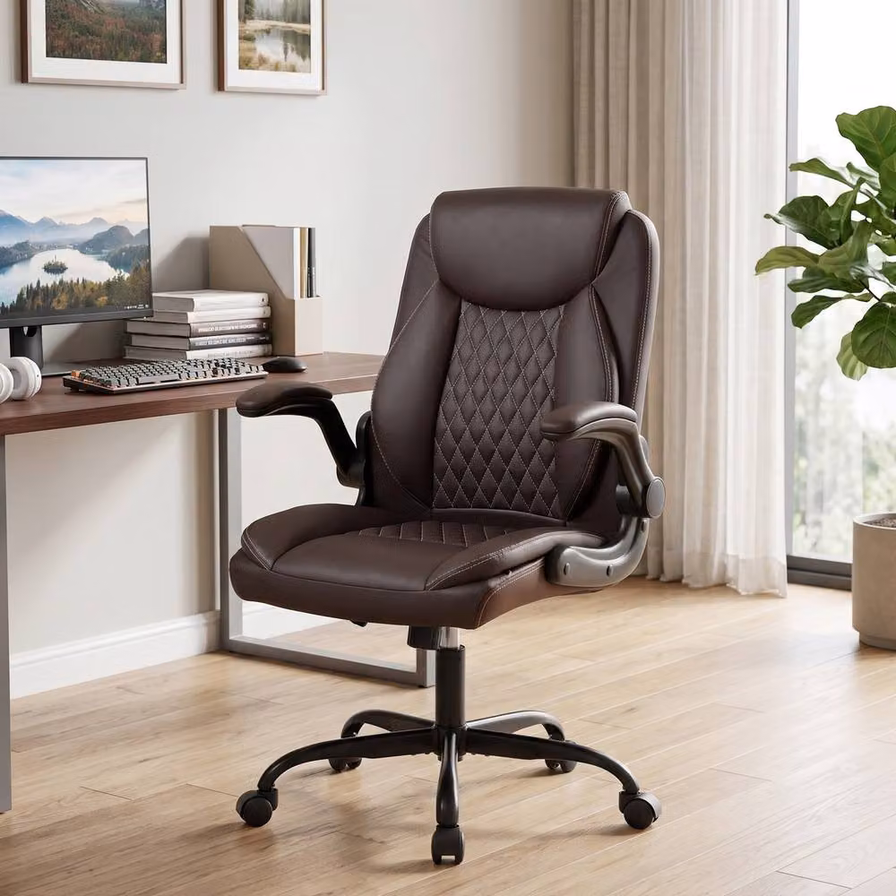 Rolipo Brown Faux Leather Office Chair with Flip-Up Armrests and Castors – 3