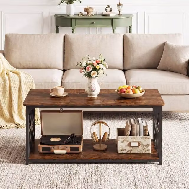 KORVIXA Brown Rustic Farmhouse Coffee Table, W/D/H: 109 x 50 x 48 cm