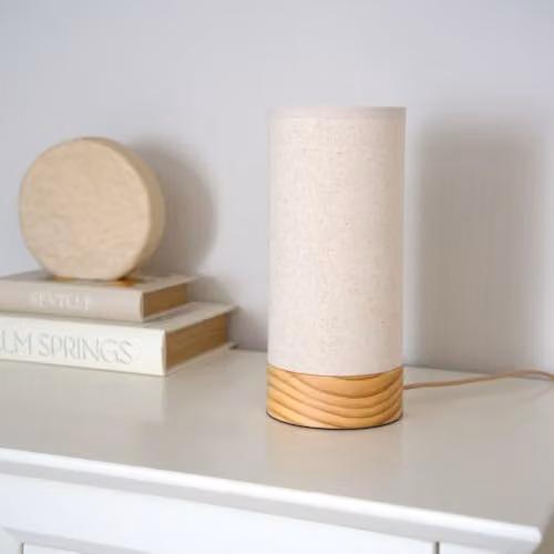 ValueLights Elsa Natural Wooden Table Lamp with Beige Fabric Shade and LED Bulb – 2