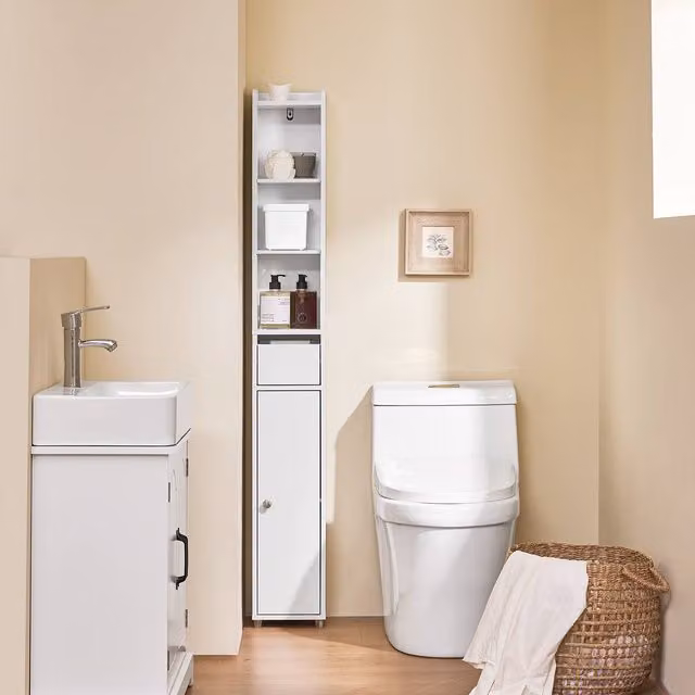 SoBuy Slim White Matt Bathroom Tall Cabinet with Internal Shelves and Hinged Doors