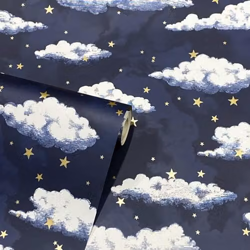 Arthouse Stars and Clouds Abstract Nature Wallpaper in Blue, White and Gold – 2