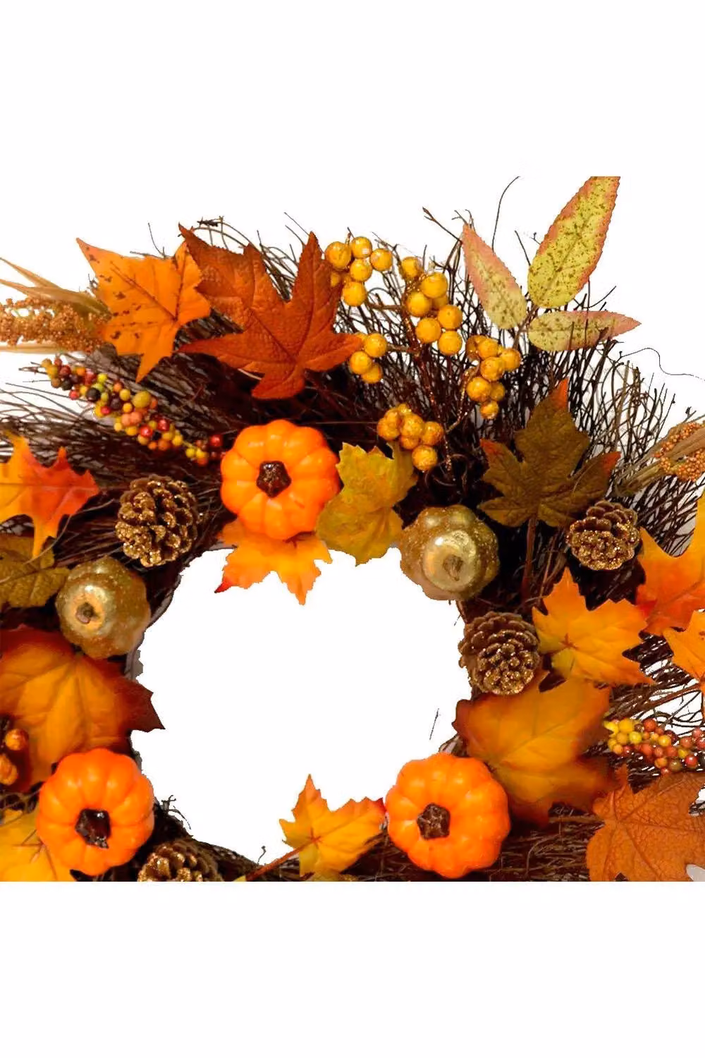 H&O Direct Orange Rattan Autumn Wreath with Maple Leaves, Pumpkins, Berries and 2m Copper Wire Lights, Diameter: 45 cm – 4