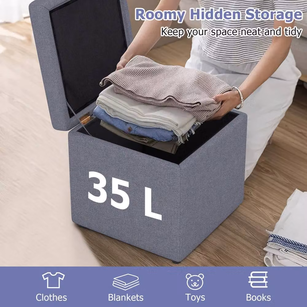 Costway Square Storage Ottoman in Grey Linen Fabric with Wood Frame – 4