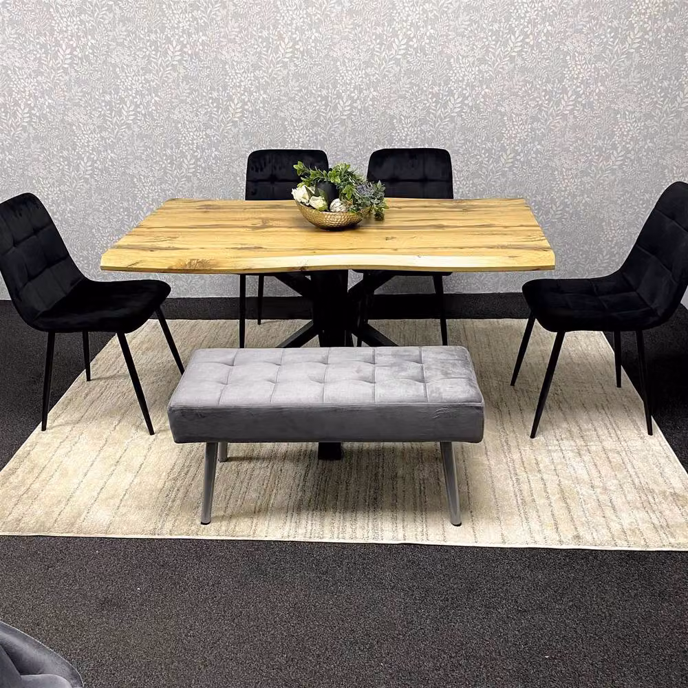 KOSY KOALA Modern Wood Dining Set with Grey Velvet Chairs and Grey Velvet Bench in Black – 8