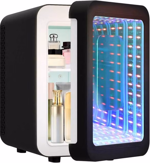 EONLION Black 4L Mini Fridge with Mirror and RGB Light, Portable Tabletop Model