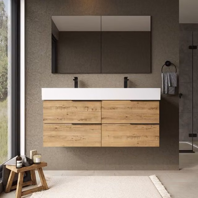 Banyetti Celtic 1200mm Wall Hung Bathroom Vanity Unit with Veneto 2 Tap Hole Basin in Ostippo Light Oak, W/D/H: 120 x 45 x 48 cm – 1