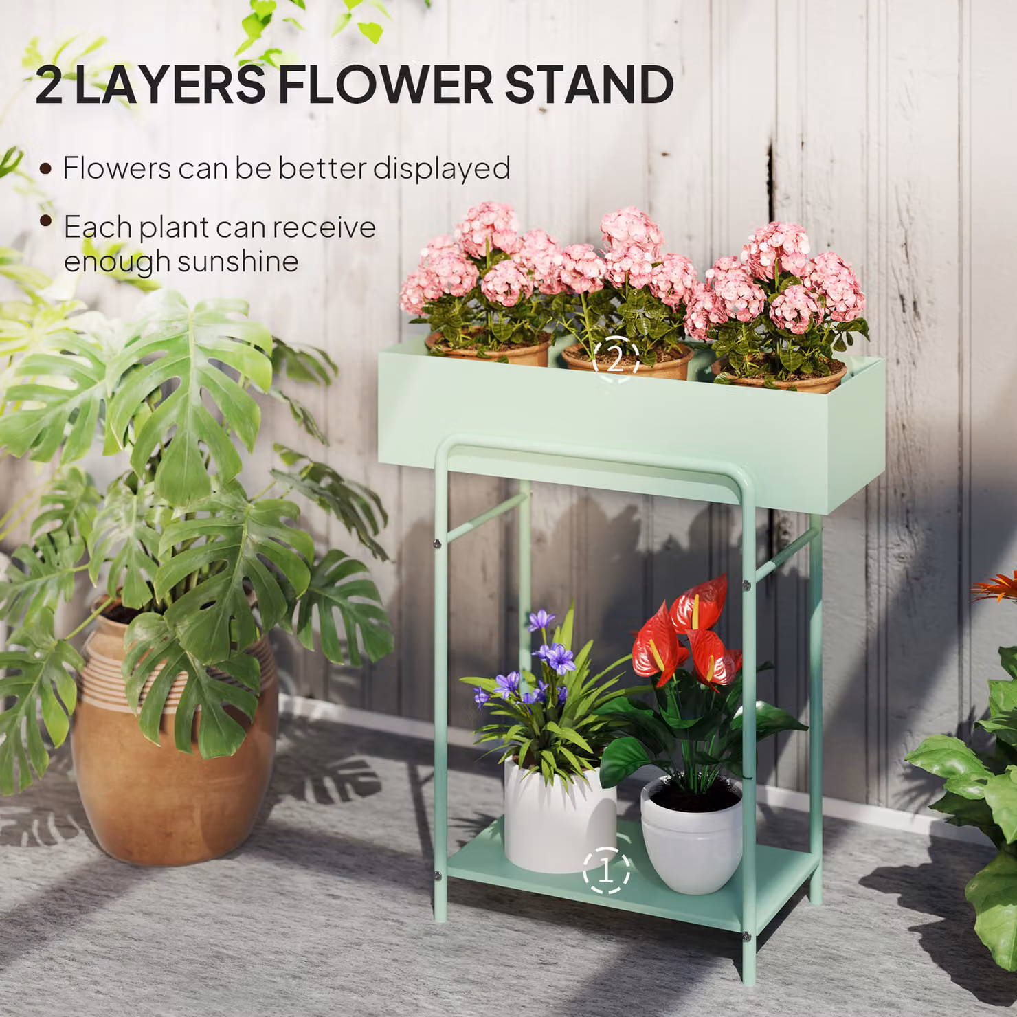 Outsunny 2 Tier Metal Plant Stand with Drain Holes, Green Floor-standing Flower Pot Rack for Indoor and Outdoor Use, W/D/H: 60.0 x 22.0 x 70.0 cm – 3