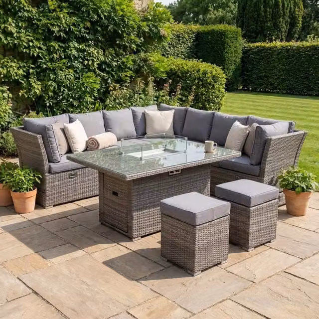 New Hampshire 9 Seater Grey Polyrattan Fire Pit Garden Set with Upholstered Cushions