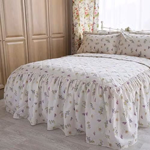 Belledorm Delphine Double Bedspread with Ruffled Valance in White, Yellow and Pink Floral Print Cotton Blend