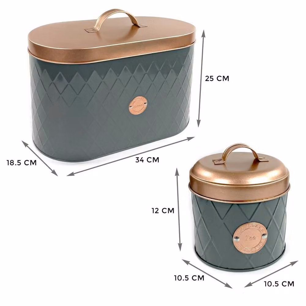 KORVIXA Grey and Copper Stainless Steel Airtight Kitchen Bread Bin Lid and Canister Set – 2