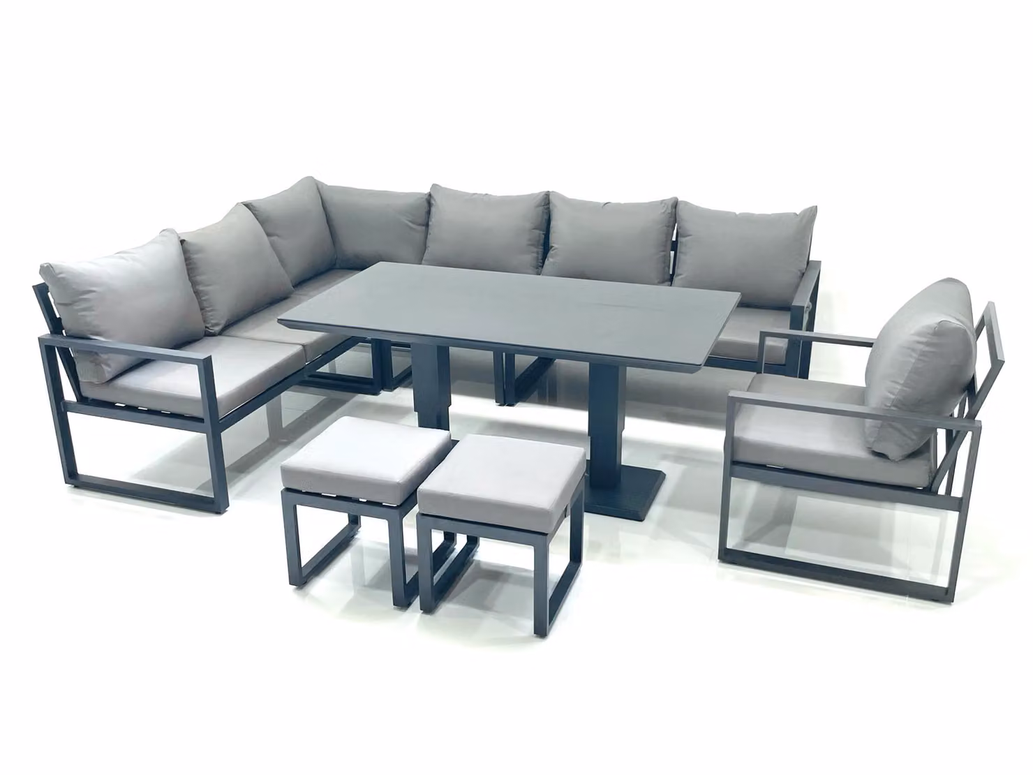 Fimous Dark Grey Aluminum Outdoor Garden Furniture Set with Corner Sofa, Chairs, 2 Footstools and Adjustable Rising Dining Table – 2